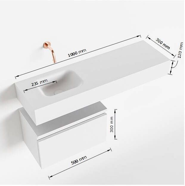Mondiaz Andor fonteinmeubel 50cm Talc Lex 100cm wastafel Talc links met 1 kraangat