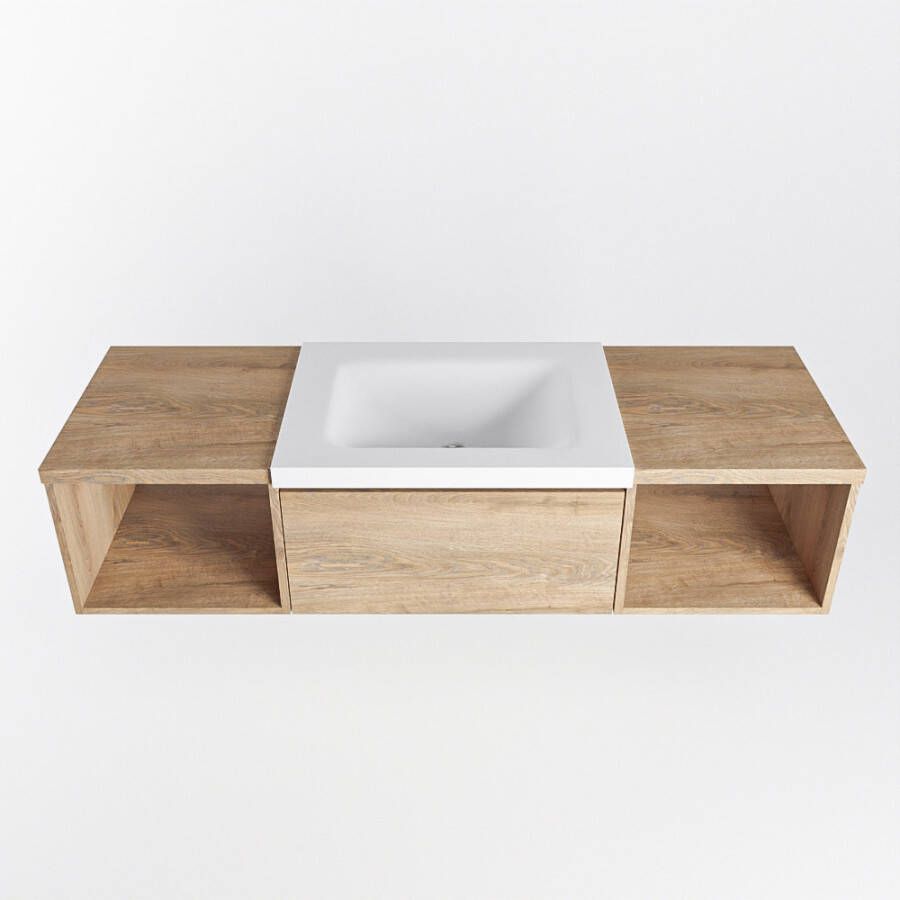 Mondiaz Bukla badmeubel met open module 140cm Washed Oak Cloud wastafel Talc Midden met 1 kraangat