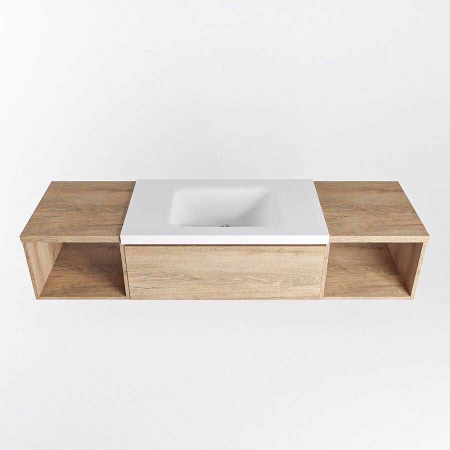 Mondiaz Bukla badmeubel met open module 160cm Washed Oak Cloud wastafel Talc Midden zonder kraangat
