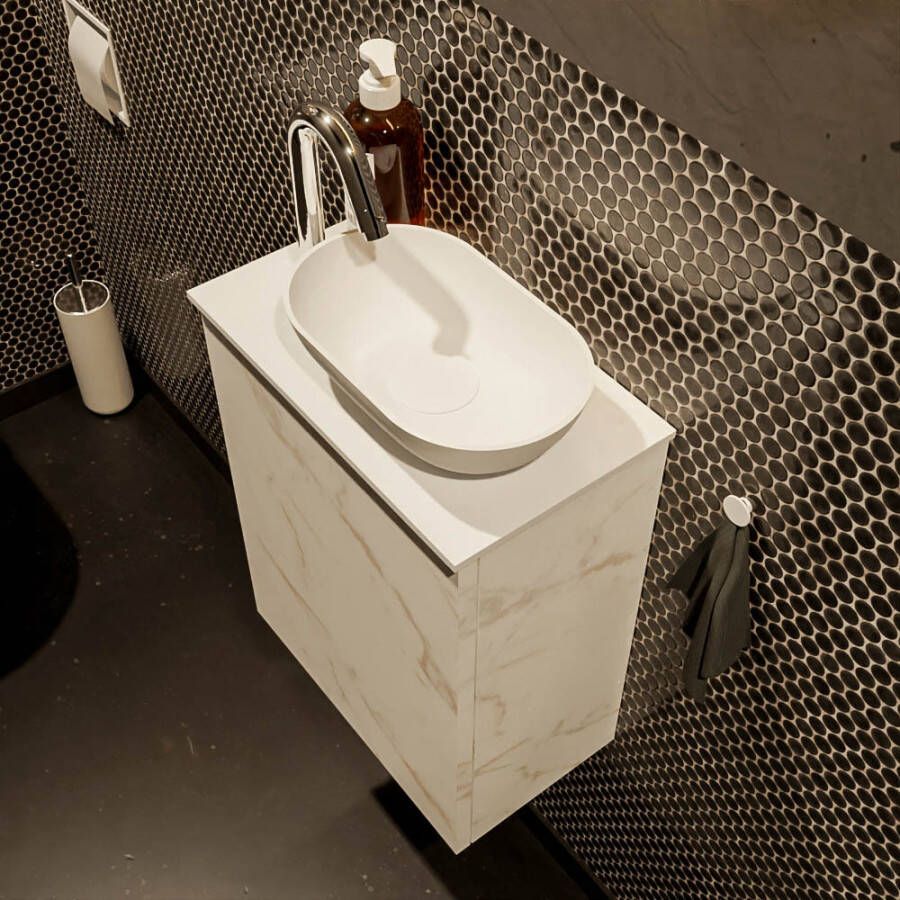 Mondiaz Fowy fonteinmeubel 40cm Carrara Waskom rechts Talc Talc met 1 kraangat