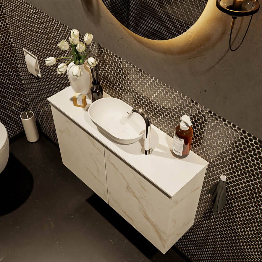 Mondiaz Fowy fonteinmeubel 80cm Carrara Waskom midden Talc Talc met 1 kraangat