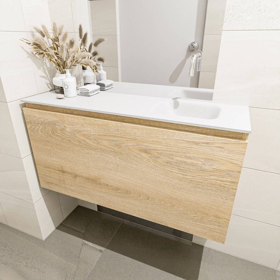 Mondiaz Olan fonteinmeubel 100cm Washed Oak Lex wastafel Talc rechts zonder kraangat