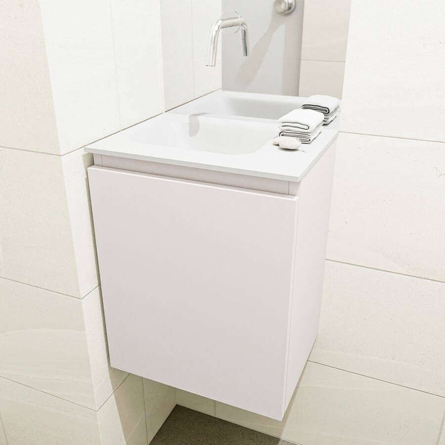 Mondiaz Olan fonteinmeubel 40cm Linen Lex wastafel Talc links zonder kraangat