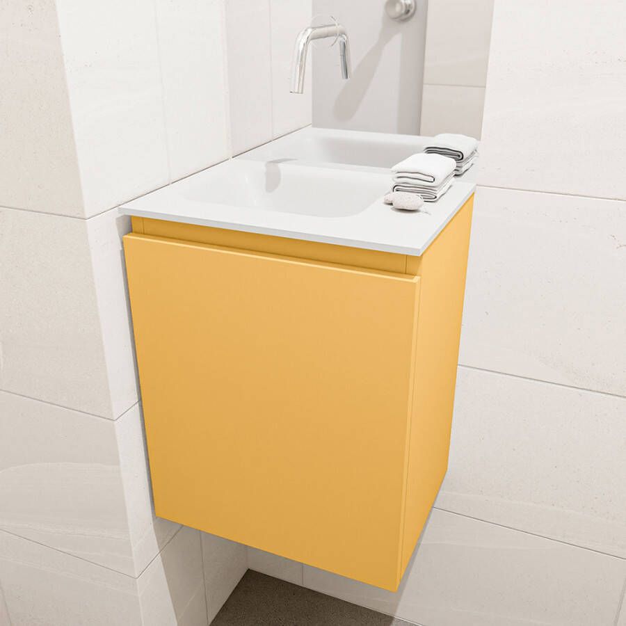 Mondiaz Olan fonteinmeubel 40cm Ocher Lex wastafel Talc links zonder kraangat