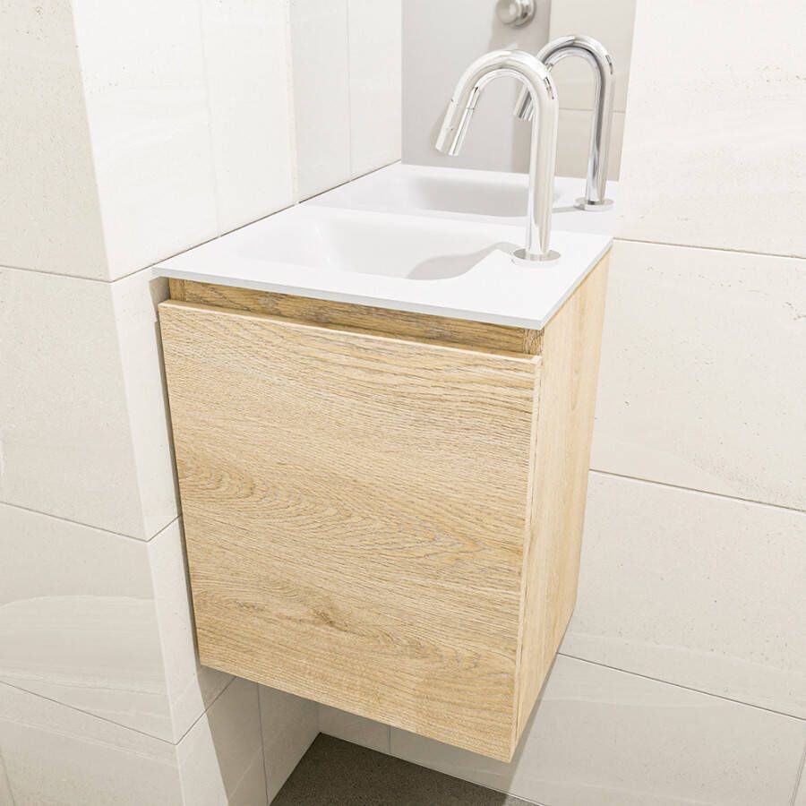 Mondiaz Olan fonteinmeubel 40cm Washed Oak Lex wastafel Talc links met 1 kraangat