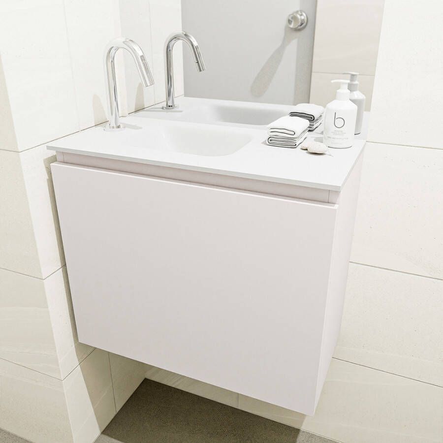 Mondiaz Olan fonteinmeubel 60cm Linen Lex wastafel Talc links met 1 kraangat