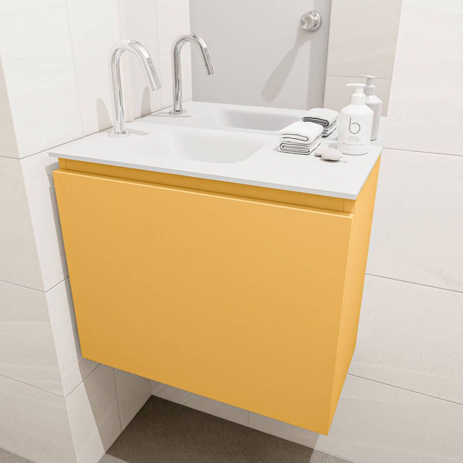 Mondiaz Olan fonteinmeubel 60cm Ocher Lex wastafel Talc links met 1 kraangat