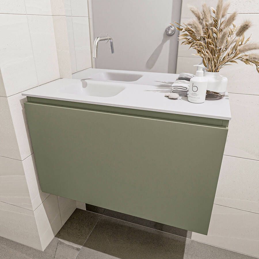 Mondiaz Olan fonteinmeubel 80cm Army Lex wastafel Talc links zonder kraangat