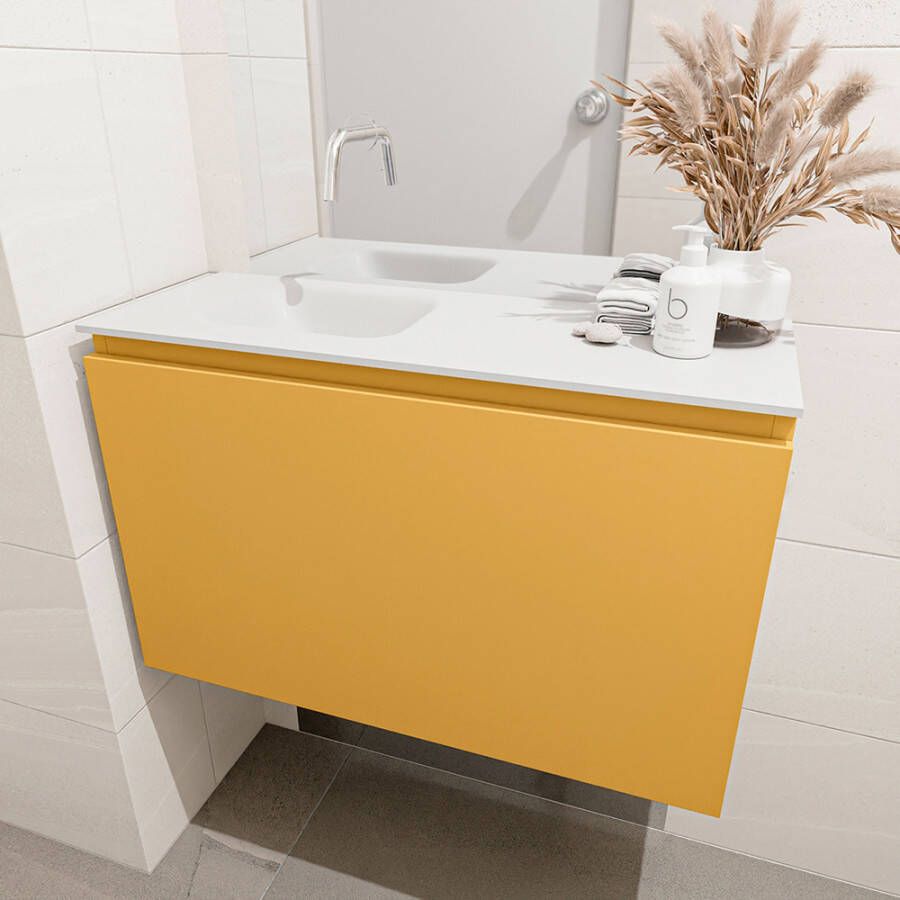 Mondiaz Olan fonteinmeubel 80cm Ocher Lex wastafel Talc links zonder kraangat