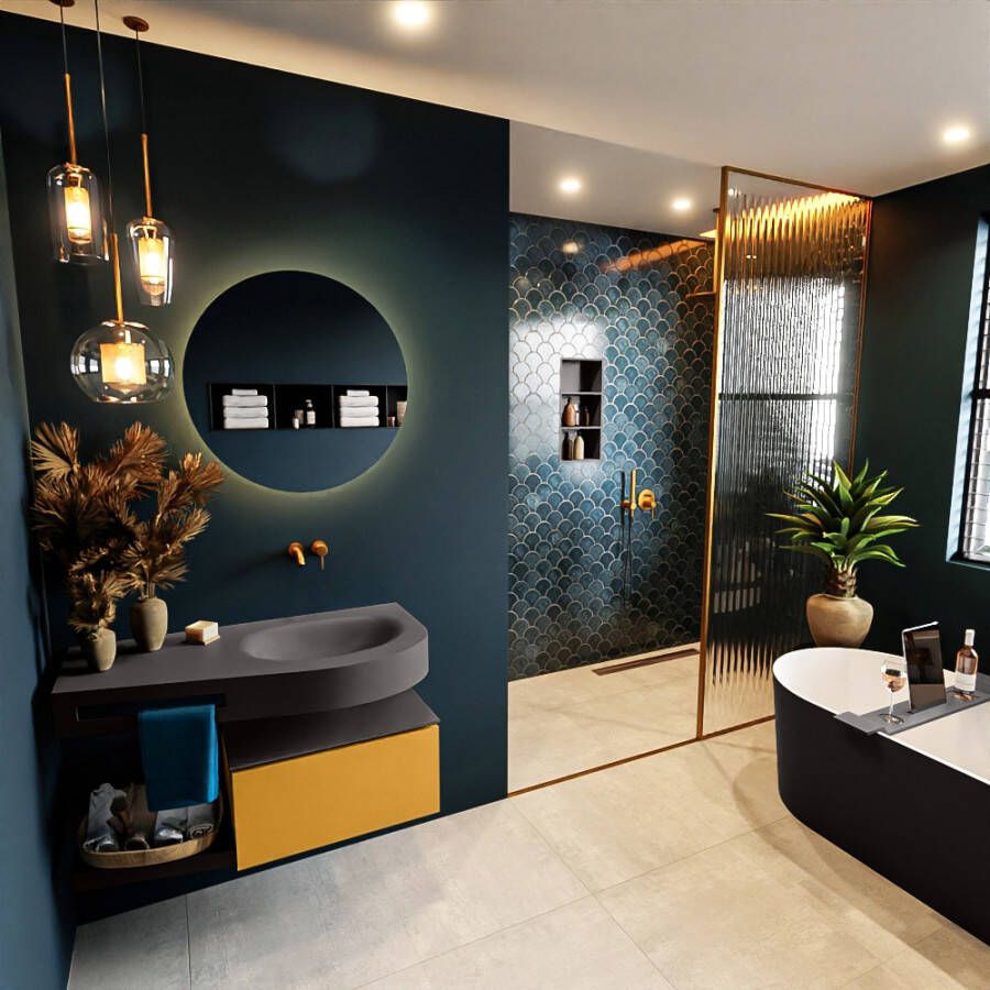 Mondiaz Riva badmeubel 100cm Ocher Dulcet wastafel Dark Grey Rechts Zonder kraangat