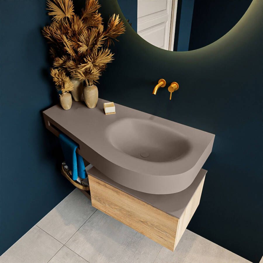 Mondiaz Riva badmeubel 100cm Washed Oak Dulcet wastafel Smoke Rechts zonder kraangat
