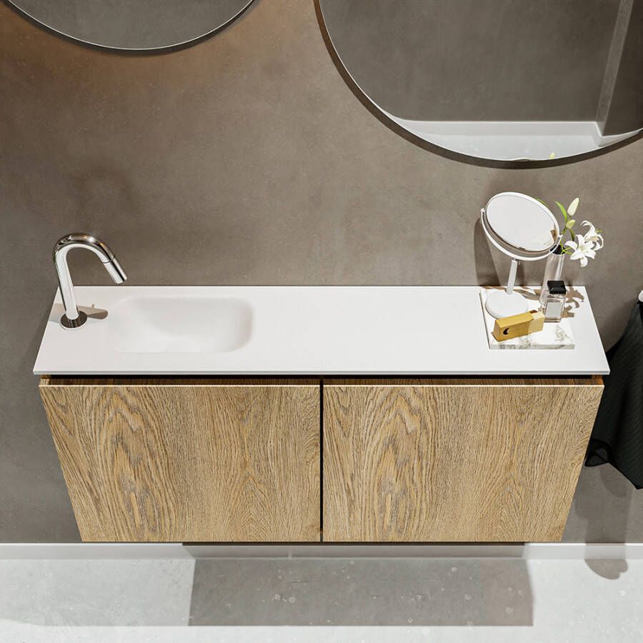 Mondiaz Ture fonteinmeubel 100cm Washed Oak Eden wastafel Talc links met 1 kraangat