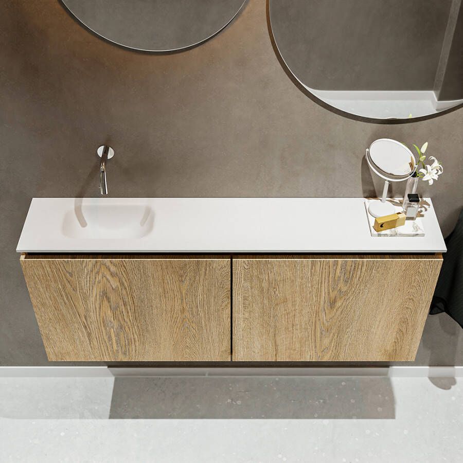 Mondiaz Ture fonteinmeubel 120cm Washed Oak Eden wastafel Talc links zonder kraangat