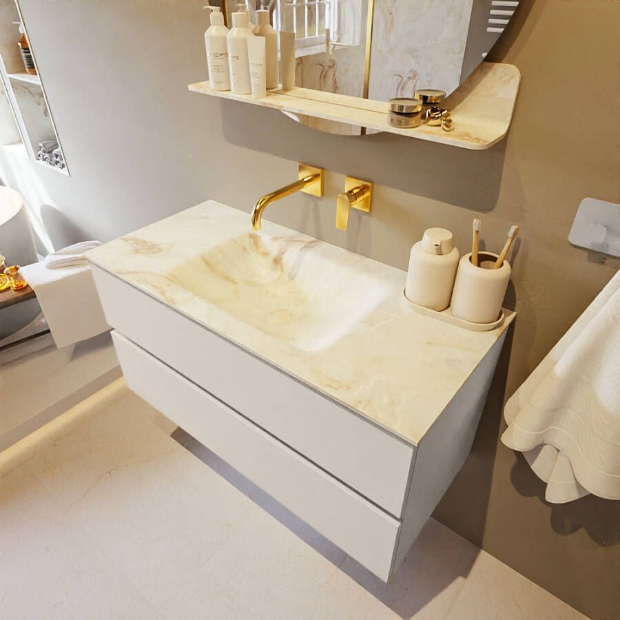 Mondiaz Vica Dlux badmeubel 100cm Linen Cloud wastafel Frappe midden zonder kraangat