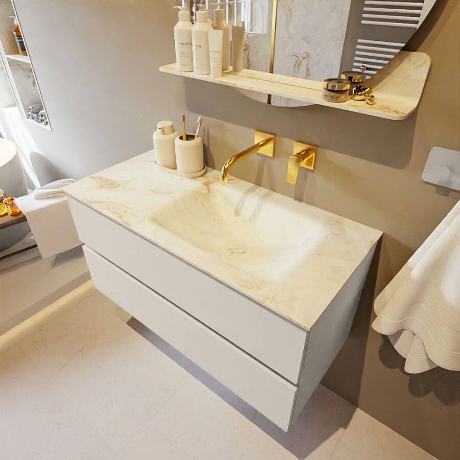 Mondiaz Vica Dlux badmeubel 100cm Linen Cloud wastafel Frappe rechts zonder kraangat