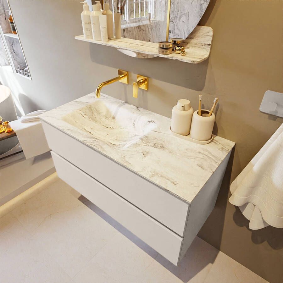 Mondiaz Vica Dlux badmeubel 100cm Linen Cloud wastafel Glace links zonder kraangat