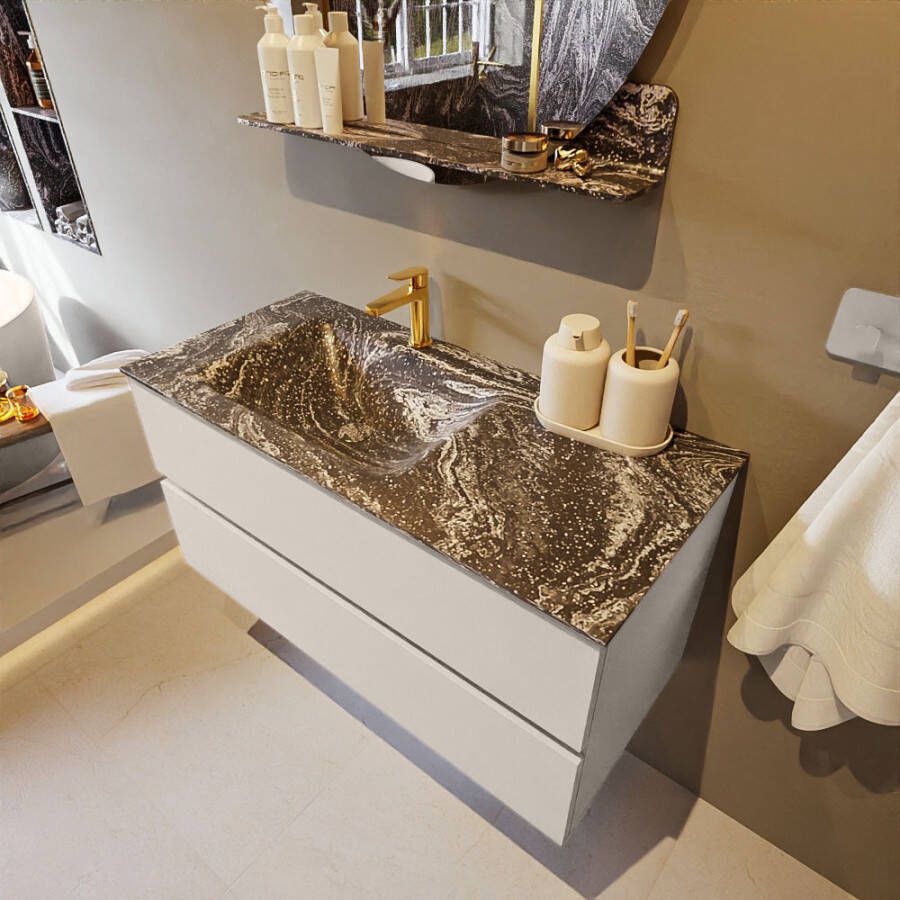 Mondiaz Vica Dlux badmeubel 100cm Linen Cloud wastafel Lava links met 1 kraangat