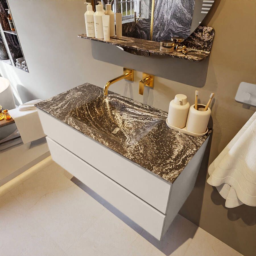 Mondiaz Vica Dlux badmeubel 100cm Linen Cloud wastafel Lava midden zonder kraangat