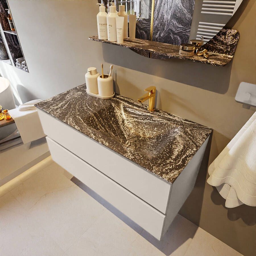 Mondiaz Vica Dlux badmeubel 100cm Linen Cloud wastafel Lava rechts met 1 kraangat