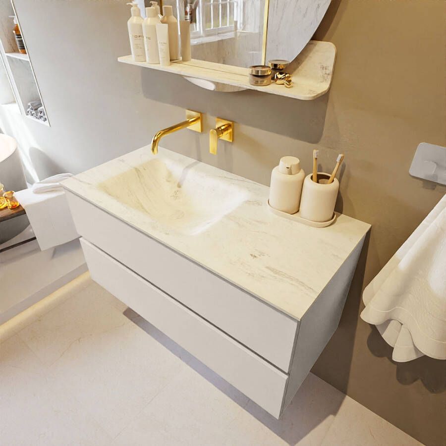 Mondiaz Vica Dlux badmeubel 100cm Linen Cloud wastafel Opalo links zonder kraangat