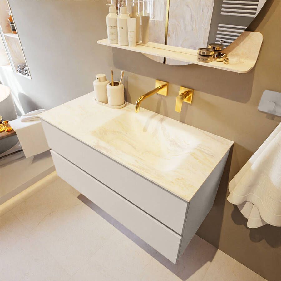Mondiaz Vica Dlux badmeubel 100cm Linen Cloud wastafel Ostra rechts zonder kraangat