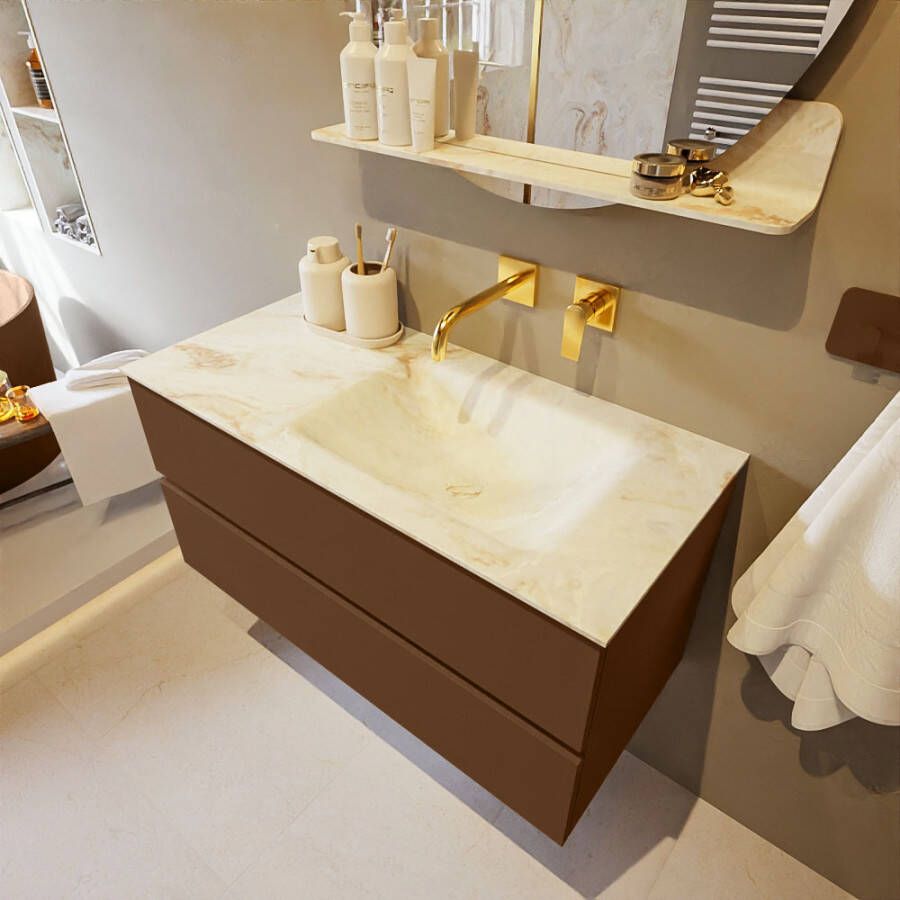 Mondiaz Vica Dlux badmeubel 100cm Rust Cloud wastafel Frappe rechts zonder kraangat