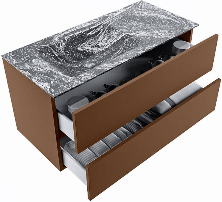 Mondiaz Vica Dlux badmeubel 100cm Rust Cloud wastafel Lava links zonder kraangat