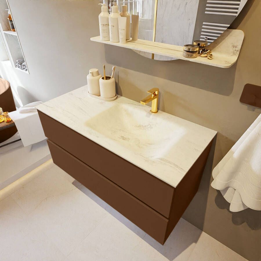 Mondiaz Vica Dlux badmeubel 100cm Rust Cloud wastafel Opalo rechts met 1 kraangat