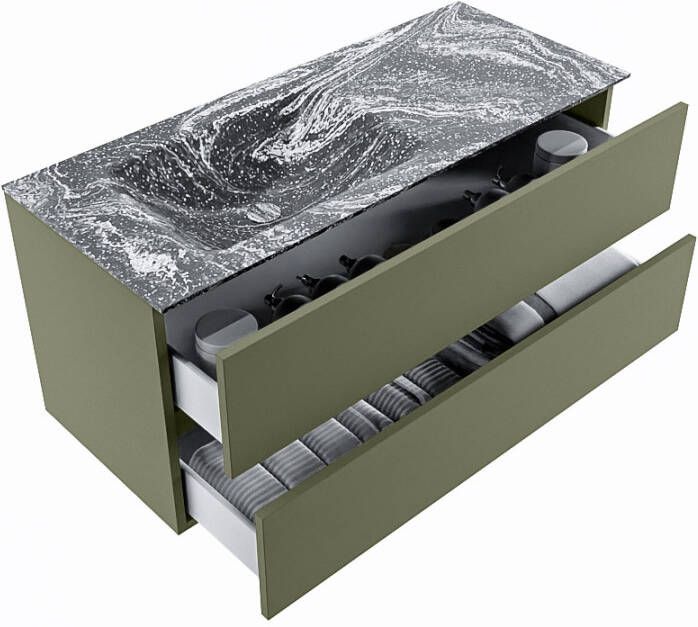 Mondiaz Vica Dlux badmeubel 110cm Army Cloud wastafel Lava links met 1 kraangat