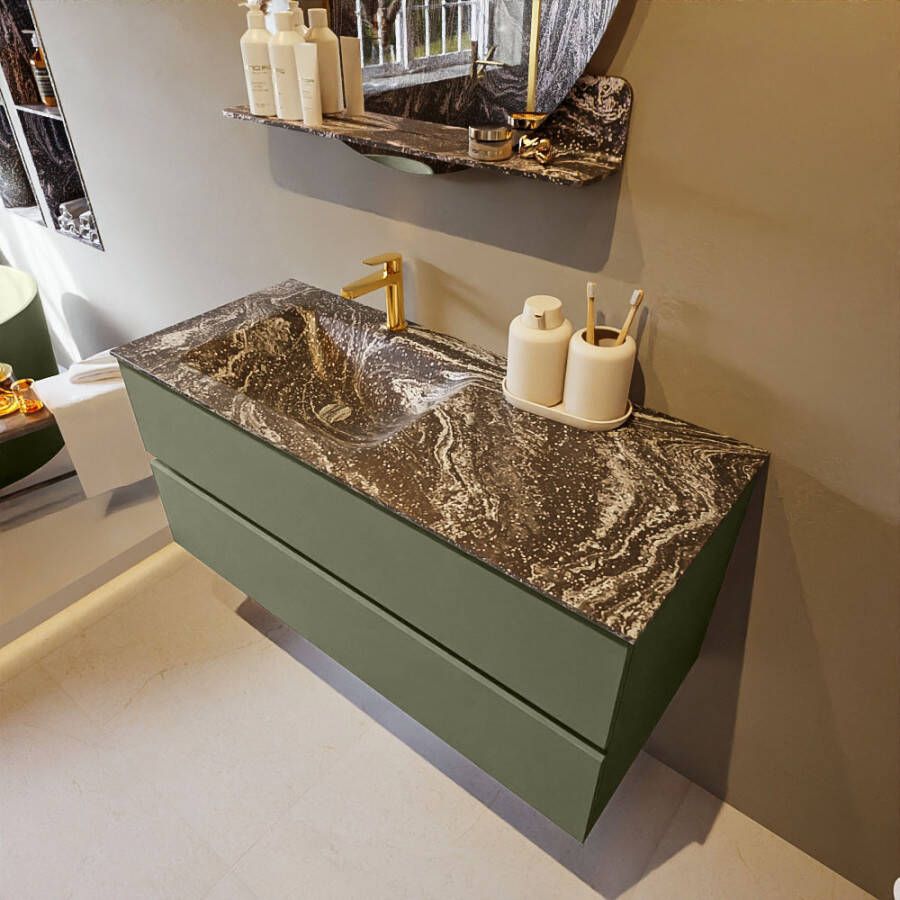 Mondiaz Vica Dlux badmeubel 110cm Army Cloud wastafel Lava links met 1 kraangat