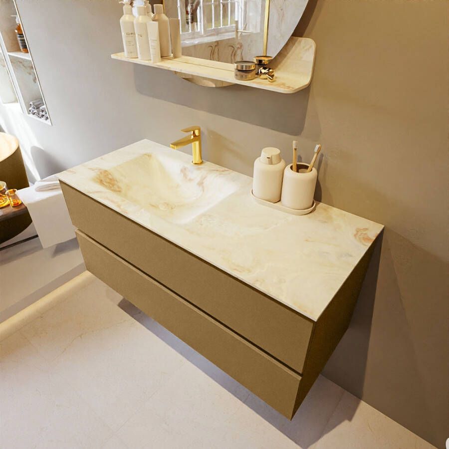 Mondiaz Vica Dlux badmeubel 110cm Oro Cloud wastafel Frappe links met 1 kraangat