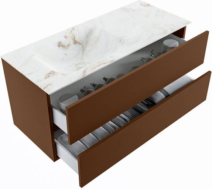 Mondiaz Vica Dlux badmeubel 110cm Rust Cloud wastafel Frappe links zonder kraangat