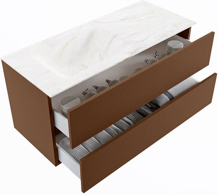 Mondiaz Vica Dlux badmeubel 110cm Rust Cloud wastafel Ostra links met 1 kraangat