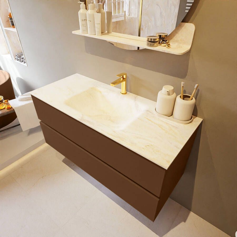 Mondiaz Vica Dlux badmeubel 110cm Rust Cloud wastafel Ostra midden met 1 kraangat