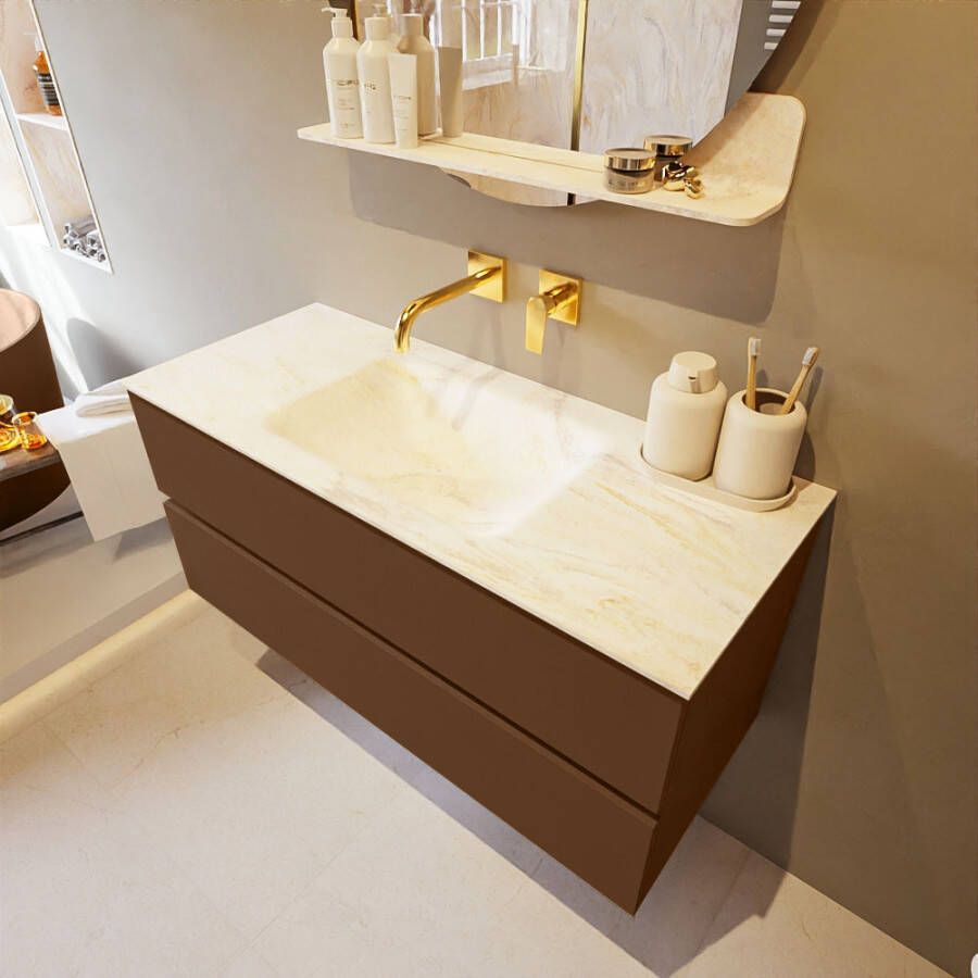 Mondiaz Vica Dlux badmeubel 110cm Rust Cloud wastafel Ostra midden zonder kraangat
