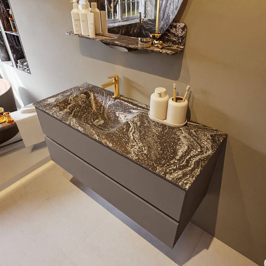 Mondiaz Vica Dlux badmeubel 110cm Smoke Cloud wastafel Lava links met 1 kraangat