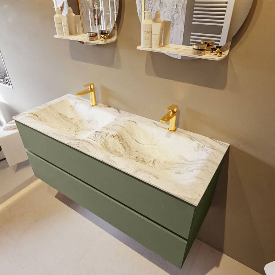 Mondiaz Vica Dlux badmeubel 120cm Army Cloud wastafel Glace dubbel met 2 kraangaten