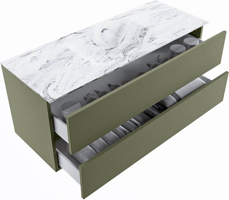 Mondiaz Vica Dlux badmeubel 120cm Army Cloud wastafel Glace midden zonder kraangat