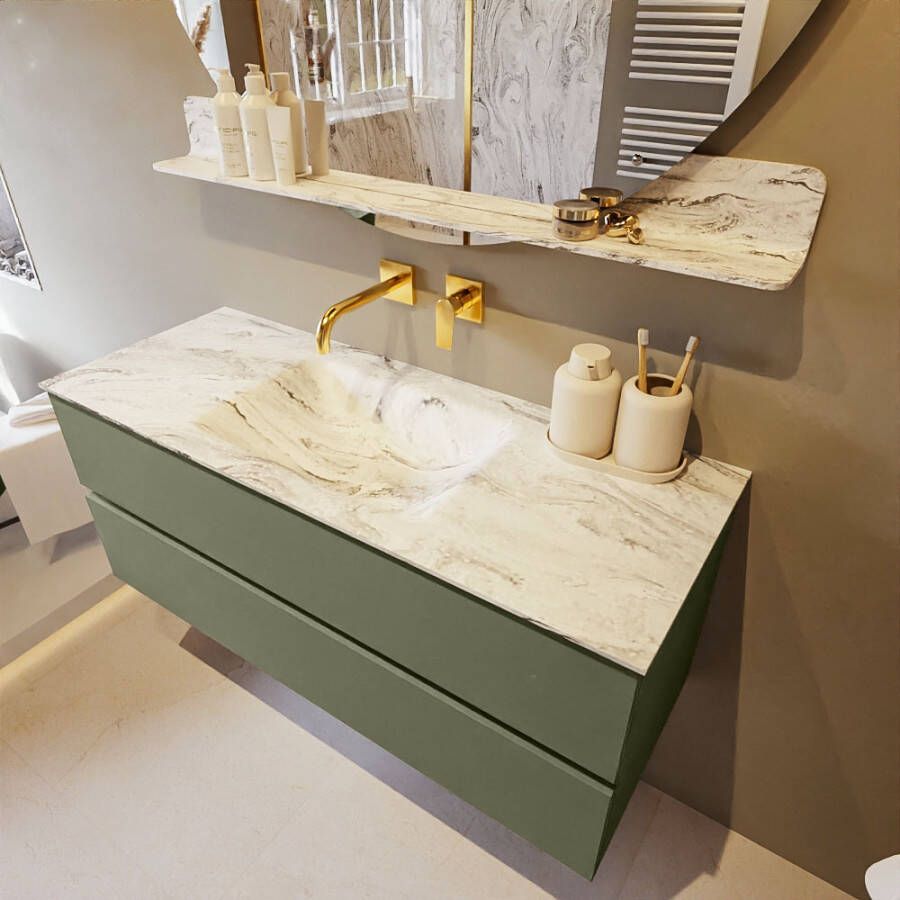 Mondiaz Vica Dlux badmeubel 120cm Army Cloud wastafel Glace midden zonder kraangat