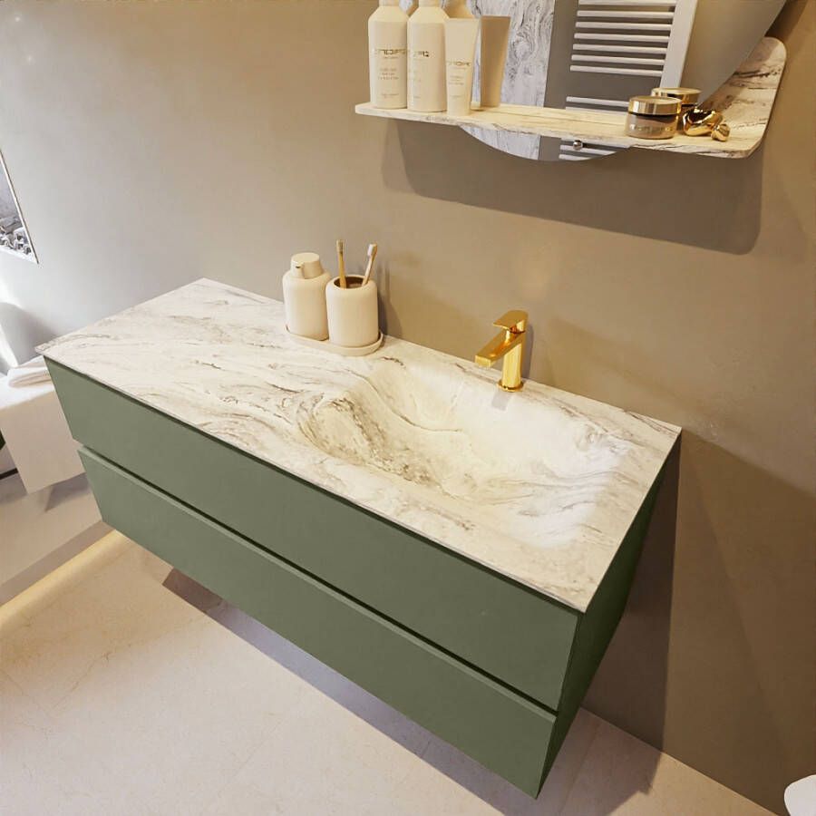 Mondiaz Vica Dlux badmeubel 120cm Army Cloud wastafel Glace rechts met 1 kraangat
