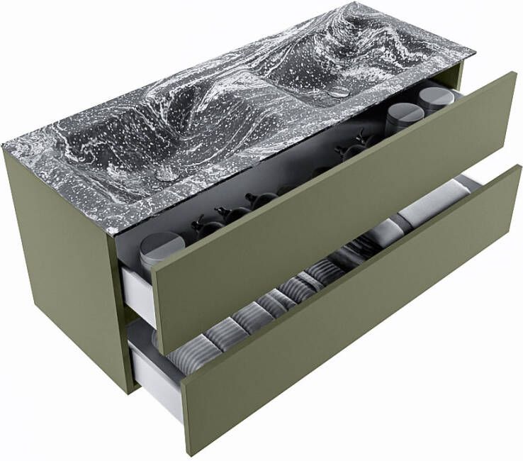 Mondiaz Vica Dlux badmeubel 120cm Army Cloud wastafel Lava dubbel met 2 kraangaten