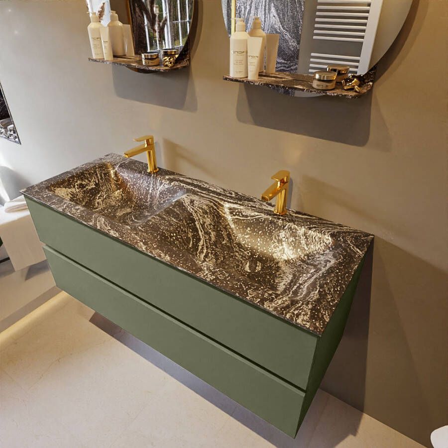 Mondiaz Vica Dlux badmeubel 120cm Army Cloud wastafel Lava dubbel met 2 kraangaten