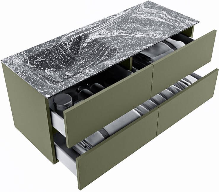 Mondiaz Vica Dlux badmeubel 120cm Army Cloud wastafel Lava links met 1 kraangat