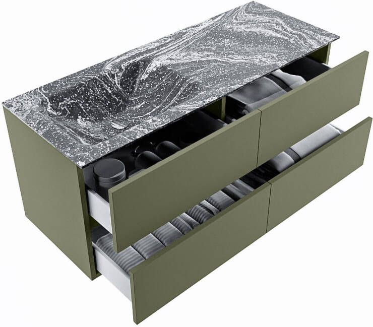 Mondiaz Vica Dlux badmeubel 120cm Army Cloud wastafel Lava links zonder kraangat