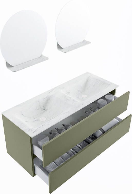 Mondiaz Vica Dlux badmeubel 120cm Army Cloud wastafel Opalo dubbel met 2 kraangaten