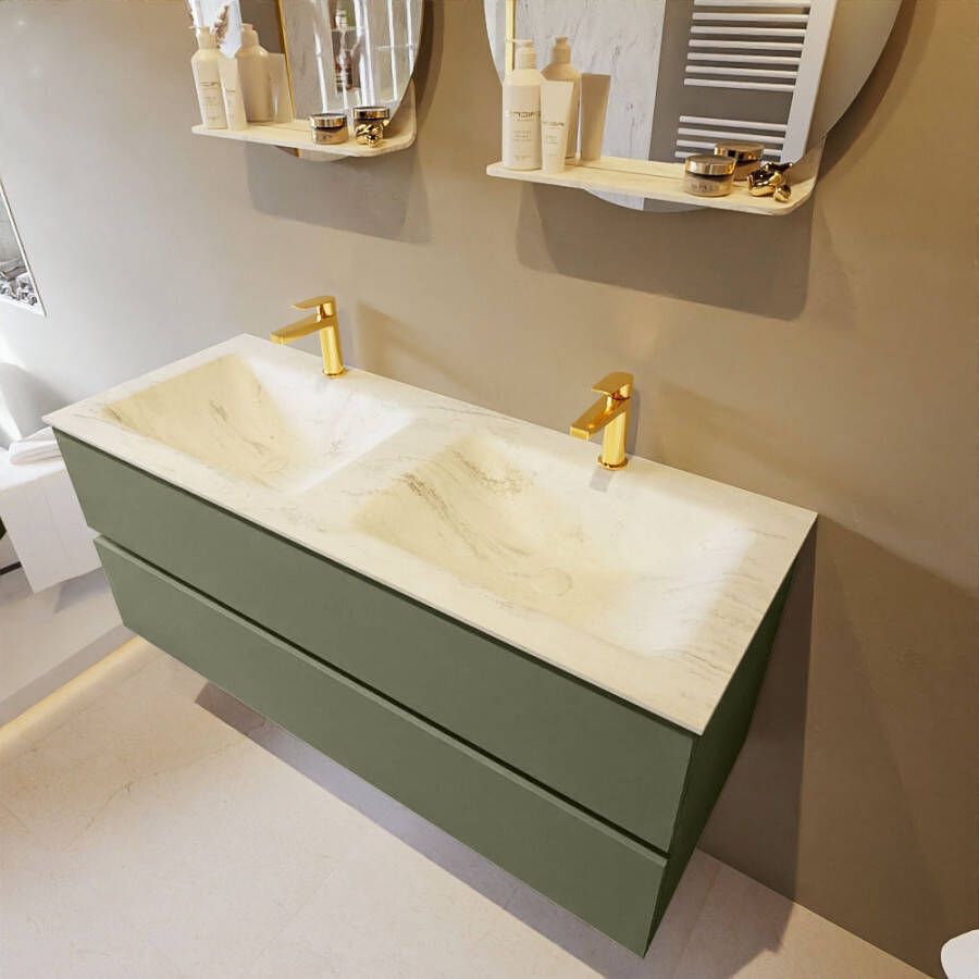 Mondiaz Vica Dlux badmeubel 120cm Army Cloud wastafel Opalo dubbel met 2 kraangaten