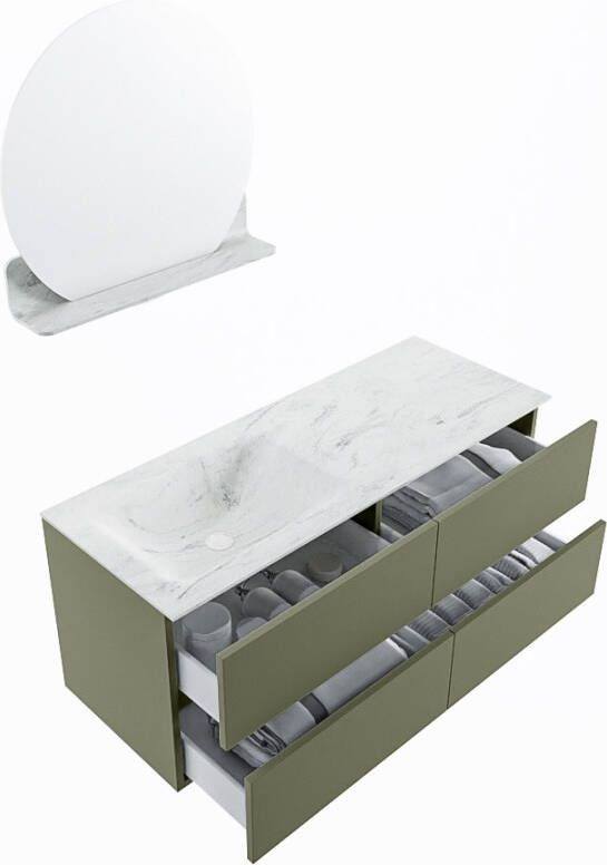 Mondiaz Vica Dlux badmeubel 120cm Army Cloud wastafel Opalo links met 1 kraangat