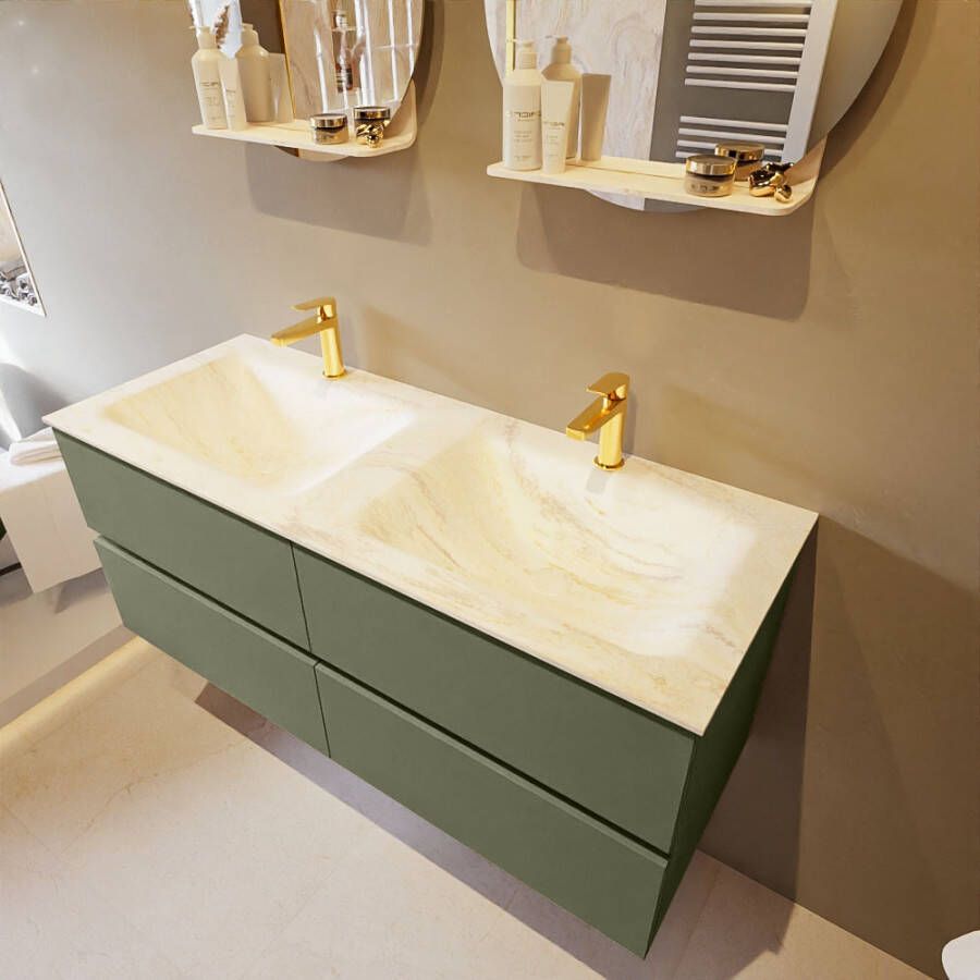 Mondiaz Vica Dlux badmeubel 120cm Army Cloud wastafel Ostra dubbel met 2 kraangaten