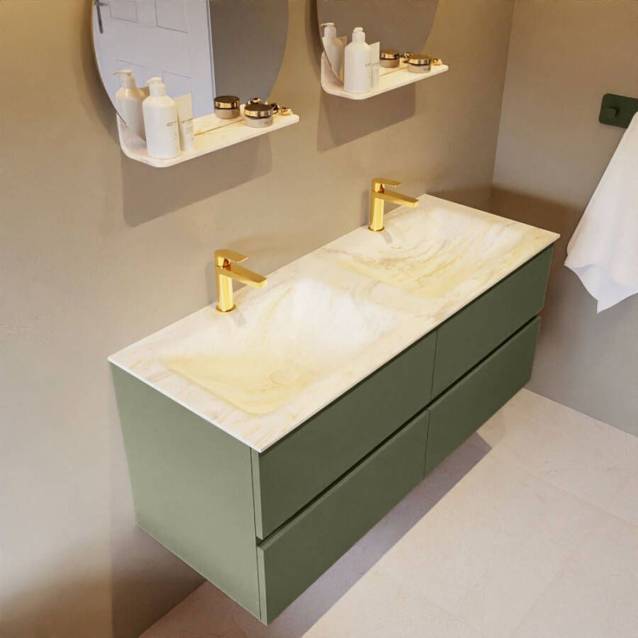 Mondiaz Vica Dlux badmeubel 120cm Army Cloud wastafel Ostra dubbel met 2 kraangaten