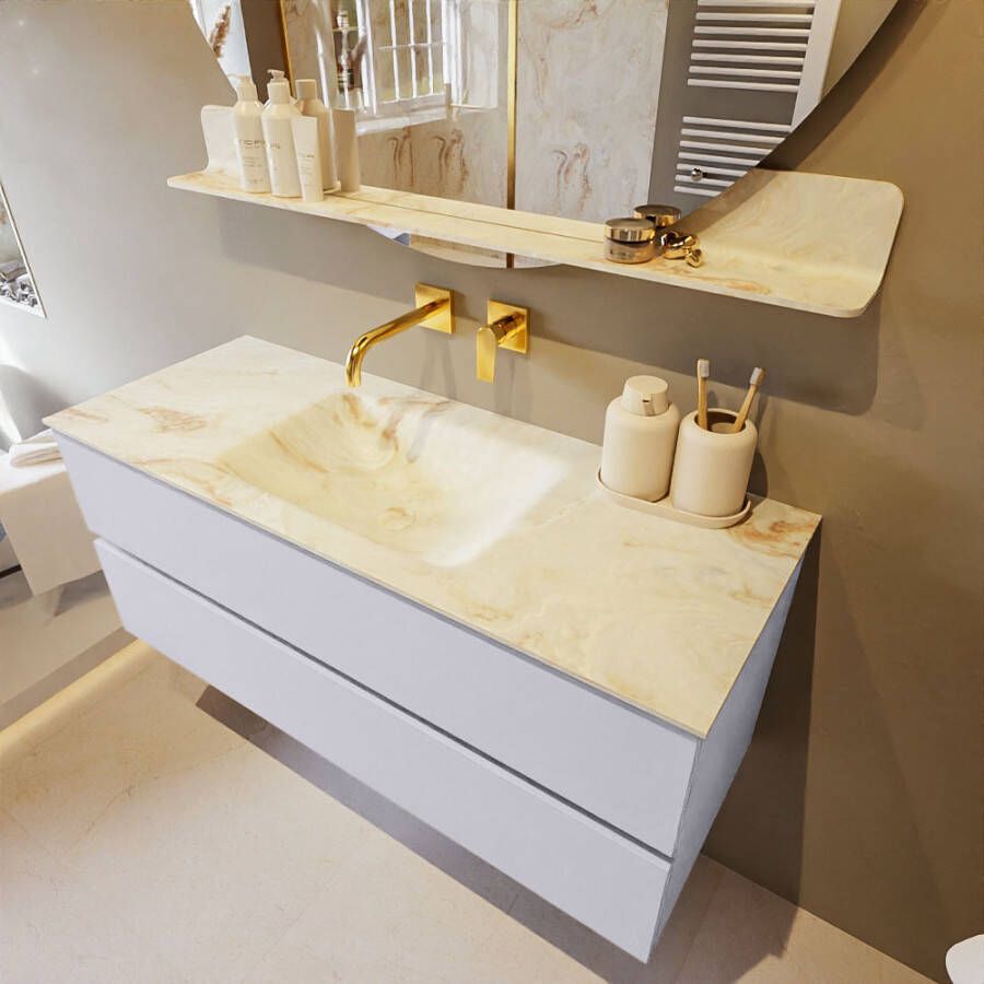 Mondiaz Vica Dlux badmeubel 120cm Cale Cloud wastafel Frappe midden zonder kraangat